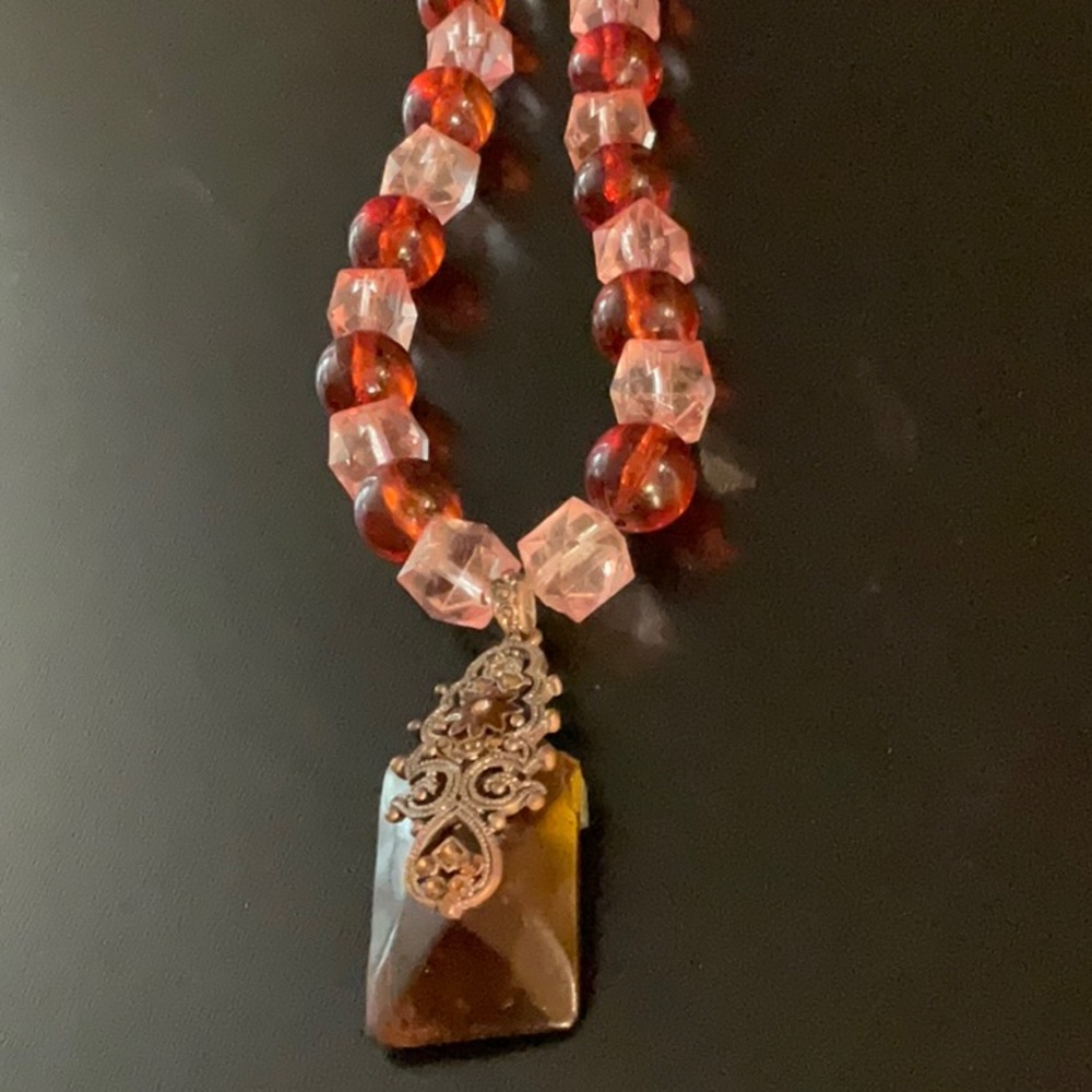 Vintage Art Deco Style Plastic Carnelian & Crystal Necklace